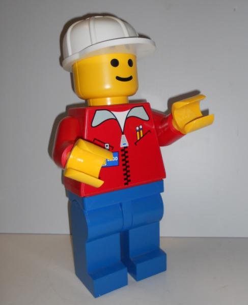 LEGO COUNTER TOP ADVERTISING FIGURE: Yellow man in white hard hat, red shirt and blue pants, ht. 19 in.