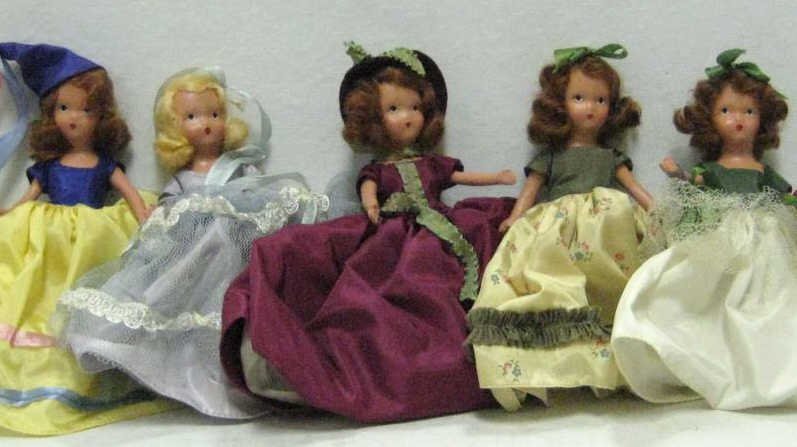 FIVE NANCY ANN STORYBOOK DOLLS: All-composition with jointed arms only, "Dolls of the Month" series; for January #187, February #188; October #196, November #197 and for December #198; original with polka dot labeled boxes.