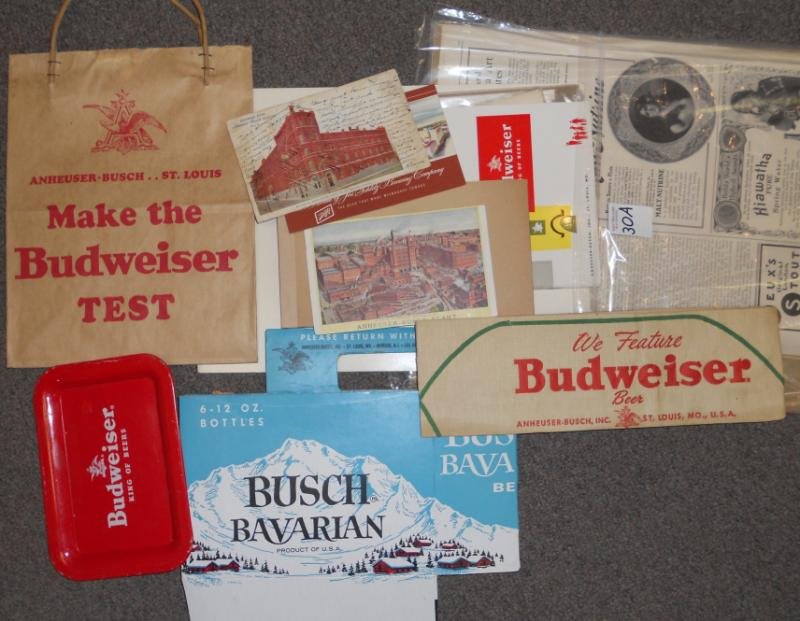 ANHEUSER-BUSCH COLLECTIBLES & EPHEMERA: Tip tray, jerk's hat, paper bag, postcard, Busch Bavarian six-pack carrier, Malt Nutrine ad & more.