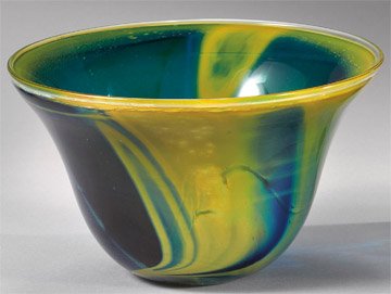 KENT F. IPSEN, AMERICAN (B. 1933): Blue, green and yellow blown glass flaring bowl, signed, dated 1972. Height 5 in; diameter 8 1/4 in.