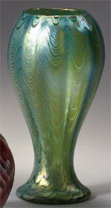 LOETZ STYLE IRIDESCENT GLASS VASE: Blue/green with gold pulled drape design. Height 8 7/8 in.