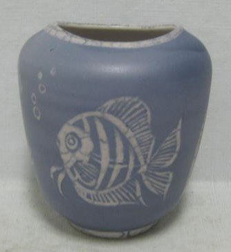 THOMS-KERAMIK, GERMANY: Studio pottery miniature vase, fish motif on gray/blue matte glazed ground, mid 20th century. Height 3 1/4 inches.