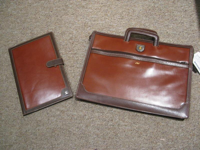 BRIEF CASE AND LEGAL PAD CASE MARK CROSS ITALY: Leather zippered double handled case with outside zipper and pocket and additional inside zipper. Monogrammed outside JSF. 17 inches x 12 inches. Leather legal pad case monogrammed inside JSF. 13 inch