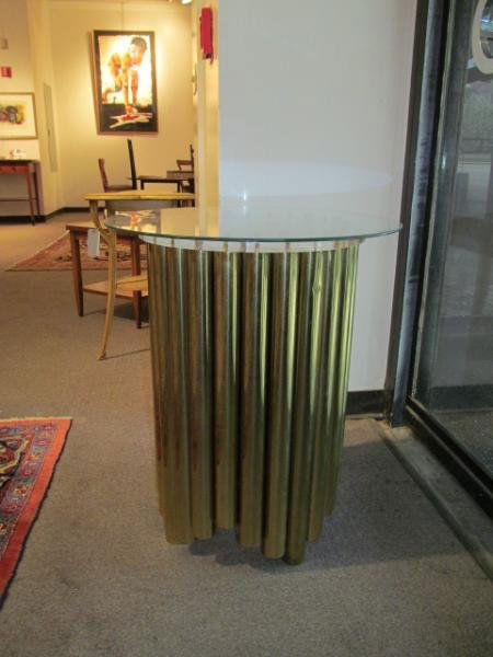 DESIGN INSTITUTE OF AMERICA: Pair end tables, gilt tubular bases supporting Lucite circular tops, with later glass tops. 28 1/2 x 24 inches