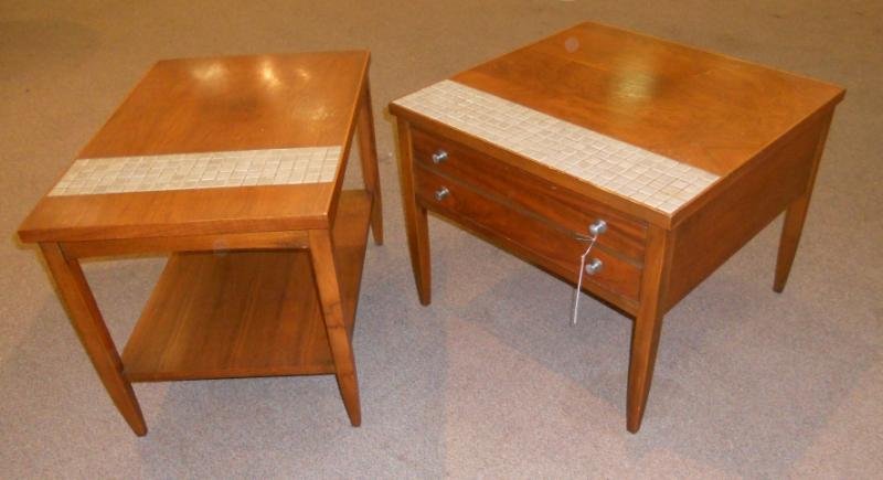 LANE DANISH DESIGN SIDE TABLES: Single drawer and side table, each having brown tile inset strips. respectively h: 20" w: 25" d: 25 1/2" h: 20" w: 19 1/2" d: 20".