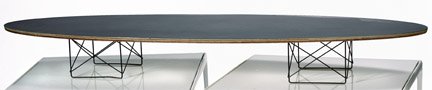 CHARLES EAMES FOR HERMAN MILLER: ETR elliptical surfboard table, plywood with metal cage form legs. 10 x 89 inches