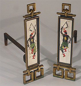 PAIR - MID-CENTURY ASIAN INFLUENCED ANDIRONS: Open-work brass, each framing a two-piece painted tile depicting a figure brandishing swords, signed "RL". 20 x 6 inches