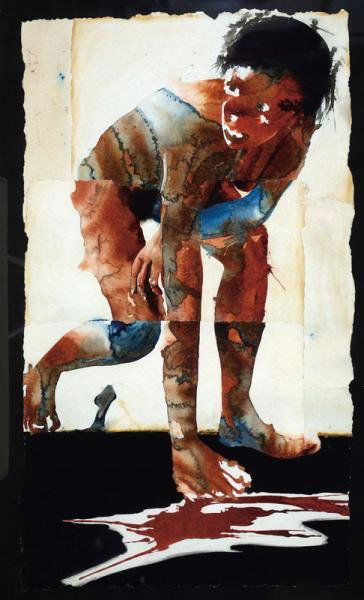 GRAHAM DEAN, BRITISH (B. 1951): Runner, 1986, watercolor on handmade Indian paper, signed and dated lower left, framed. 55 1/2 x 31 1/2 inches