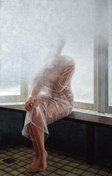 GRAHAM DEAN, BRITISH (B. 1951): STEAM BATHS 2, 1980, oil on canvas, signed, dated, and titled verso, framed. 69 x 44 1/4 inches