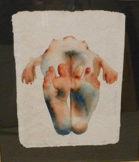 GRAHAM DEAN, BRITISH (B. 1951): Reclining nude as viewed from the feet, 1988, watercolor on handmade Indian paper, signed and dated lower left, framed. 14 3/4 x 11 inches