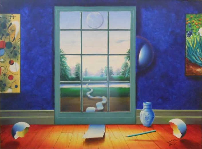 FERJO, BRAZILIAN (B.1946): Surrealist window view, oil on canvas, signed lower right, framed. 30 x 40 inches