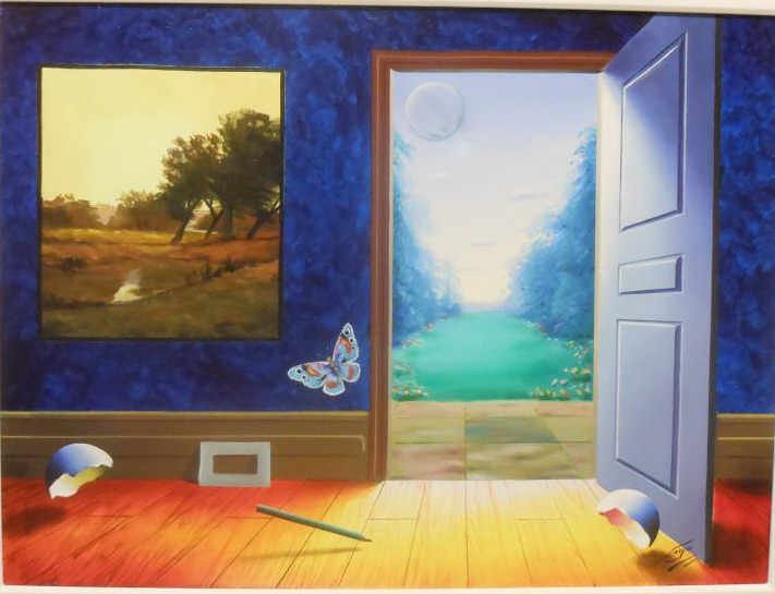 FERJO, BRAZILIAN (B.1946): Surrealist interior scene, oil on canvas, signed lower right, framed. 30 x 40 inches