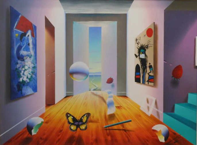 FERJO, BRAZILIAN (B.1946): Surrealist hallway scene, 1996, oil on canvas, signed lower right, framed. 30 x 40 inches