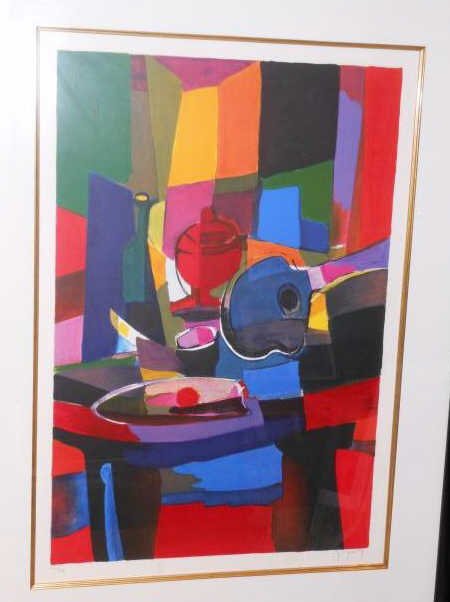 MARCEL MOULY, FRENCH (1918-2008): Still life with guitar, color lithograph, edition #155/300, signed and numbered in pencil lower margin, framed. 29 3/4 x 20 inches