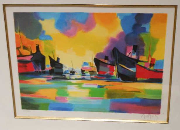 MARCEL MOULY, FRENCH (1918-2008): Port scene, color lithograph, #129/300, signed and numbered in pencil lower margin, framed. 11 1/4 x 15 1/4 inches