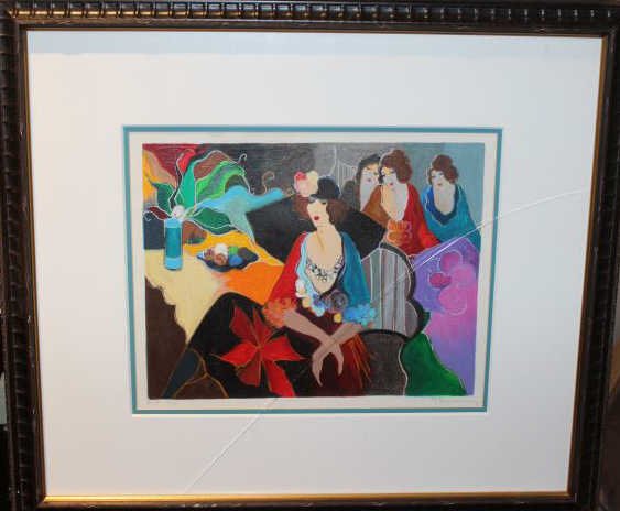 ITZCHAK TARKAY, ISRAELI (B. 1935): WOMEN IN A CAFE, serigraph, p.p. #8/15, signed and numbered in pencil lower margin, framed. 11 x 13 1/2 inches