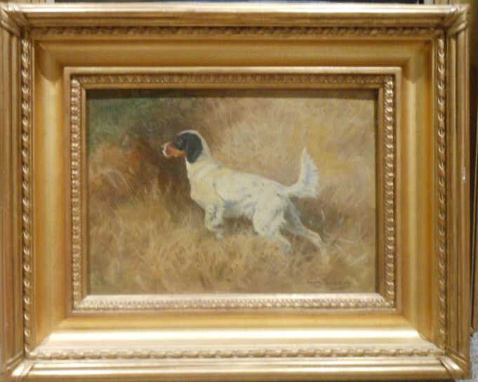 EDWIN MEGARGEE, AMERICAN (1883-1958): English setter in the field, oil on board, signed lower right, gilt-framed. 10 x 14 inches