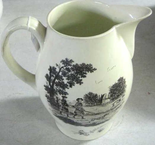 WEDGWOOD 18TH CENTURY CREAMWARE JUG: Transfer decorated hunting scene in black, circa 1760. Height 10 1/2 inches.