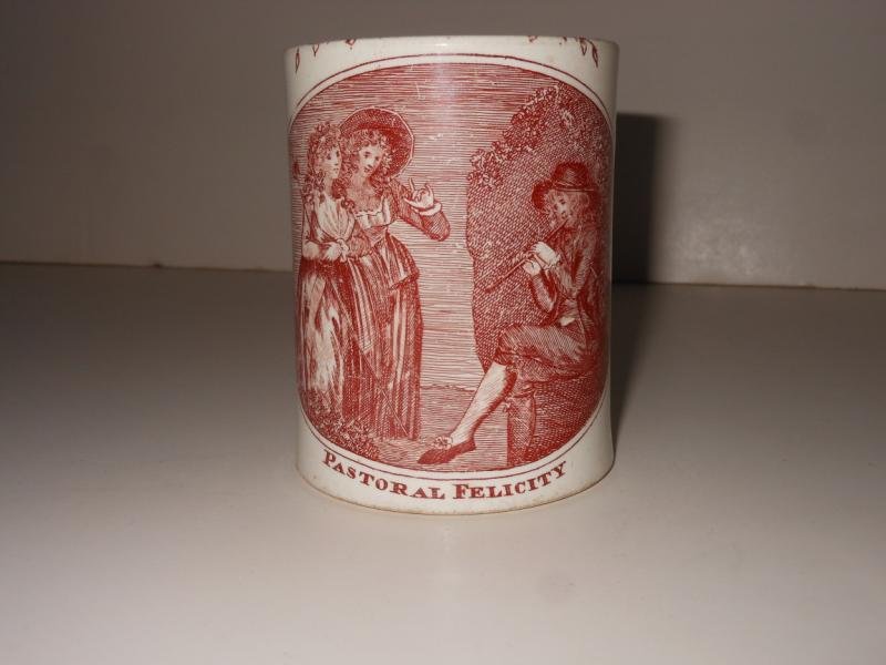 ENGLISH CREAMWARE MUG: Probably Liverpool, transfer decoration titled "Pastoral Felicity" Height 3 3/4 inches.