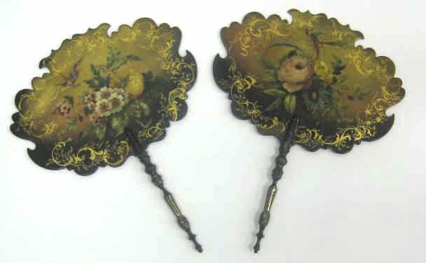 PAIR OF VICTORIAN PAPIER MACHE HAND FANS: Solid shaped panels hand painted and lacquered, gilt scrolls, floral bouquets and bird motifs, turned handles, 19th century. 14 1/8 x 10 3/4 inches