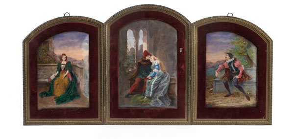 FRENCH ENAMEL ON COPPER TRIPTYCH: Each framed panel enclosing romantic figures, central a couple, a woman and man in a garden on side panels, signed Gouirand and dated 1899, used to be hinged, now separated. Overall length 39 inches, 