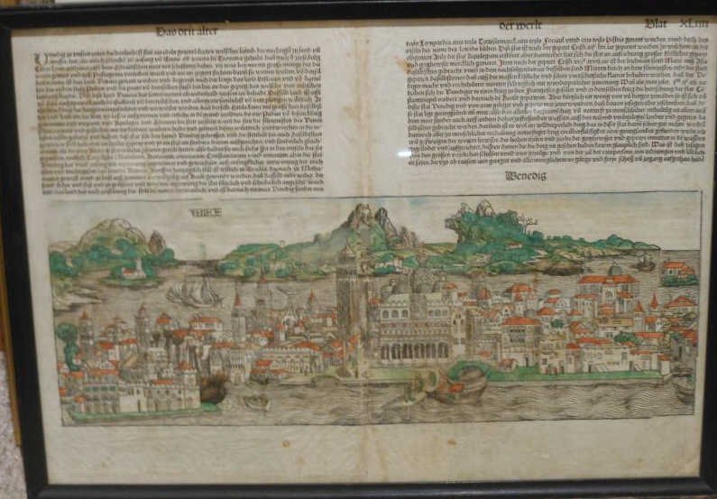 GERMAN SCHOOL, 17TH CENTURY: Illuminated manuscript page, illustrating the cityscape of Venice, with Gothic script, double-sided, framed.