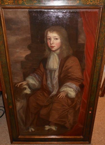 CONTINENTAL SCHOOL, LATE 18TH EARLY 19TH CENTURY: Portrait of a boy with dog, oil on canvas, framed. 48 1/2 x 26 1/4 inches