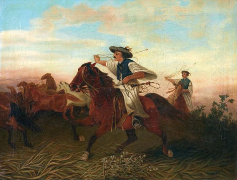CONTINENTAL SCHOOL, 19TH CENTURY: Pair of Hungarian ranchers, oil on canvas, framed. 21 x 28 inches; 22 x 27 1/2 inches