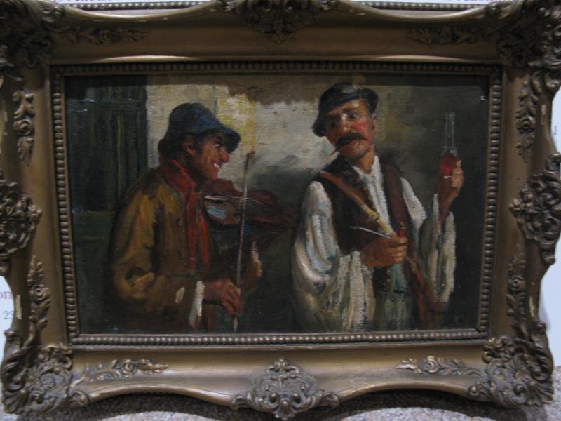 HORVATH: Man playing violin and man drinking wine, oil on canvas, framed. 9 x 15 inches