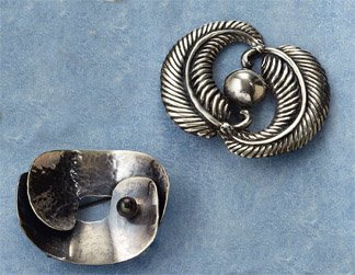 STERLING BROOCH, LOS CASTILLOS TAXCO: Sterling silver curved leaf design brooch by Los Castillo, Taxco, Mexico. 2 inches x 1 3/4 inches. Brooch is accompanied by a modernist design hammered silver brooch with a bead design with no marking