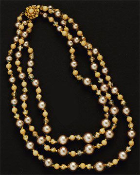 BEAD NECKLACE, MIRIAM HASKELL: Triple-strand necklace with beads and faux pearls with bead-set gold-tone clasp. 16 inches.