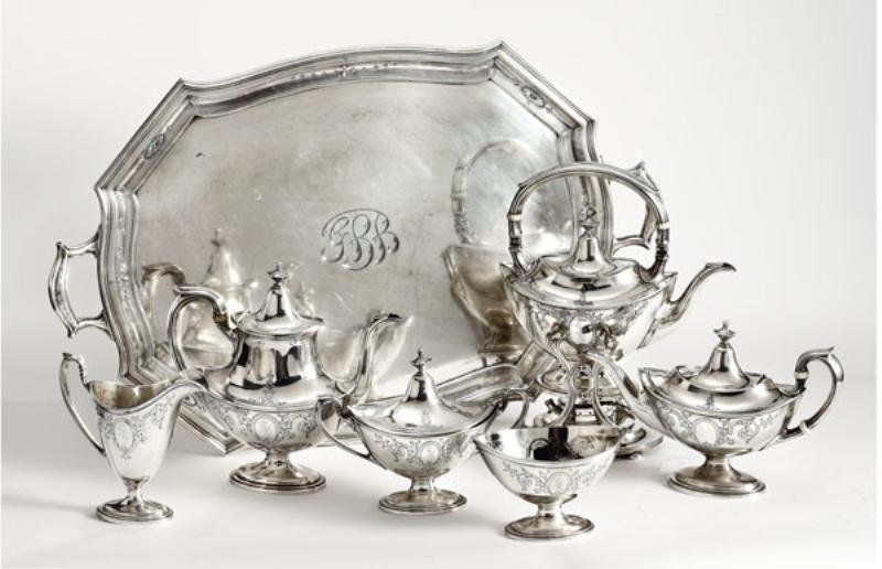GORHAM, PROVIDENCE, RI: Six-piece sterling silver coffee/tea service, "Portsmouth" pattern, engraved, comprising a kettle on stand with light, coffee and tea pots, creamer/sugar set and waste bowl together with Durgin for Go