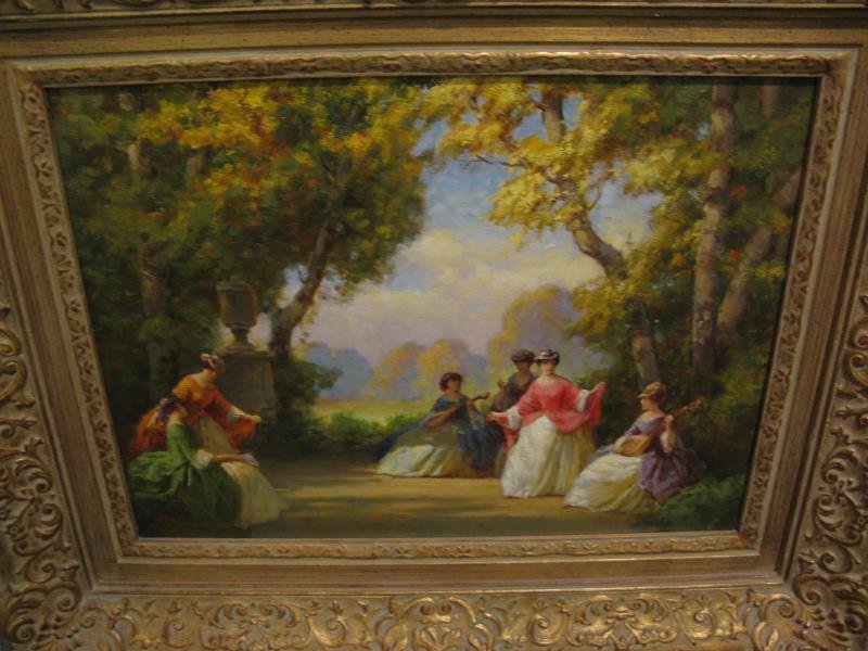 JOSEPH TOMANEK, AMERICAN (1889-1974): Ladies playing music in a garden, oil on board, signed lower left, framed. 15 1/2 x 11 1/2 in.