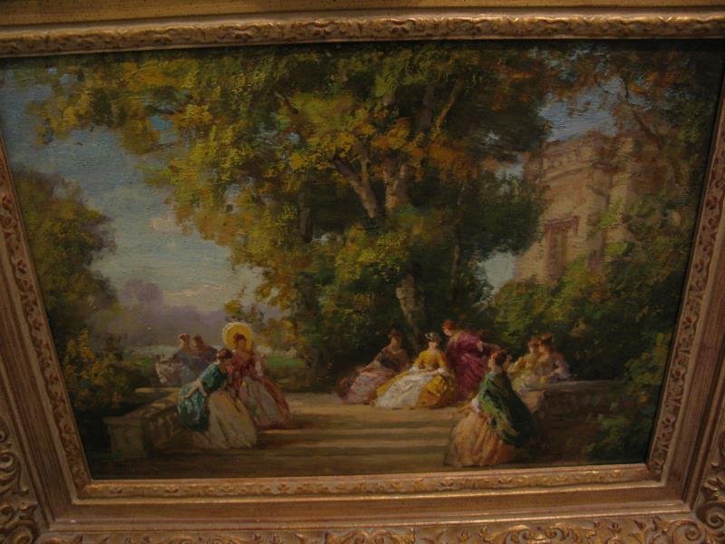 JOSEPH TOMANEK, AMERICAN (1889-1974): Ladies seated on a grand staircase outdoors, oil on board, signed lower left, framed. 15 1/2 x 11 1/2 in.