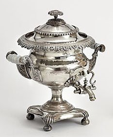 ENGLISH REGENCY PLATED SILVER TEA URN: Classical round form with acanthus rim, handles with opaline glass insulators, 18th/19th century. Height 13 in.