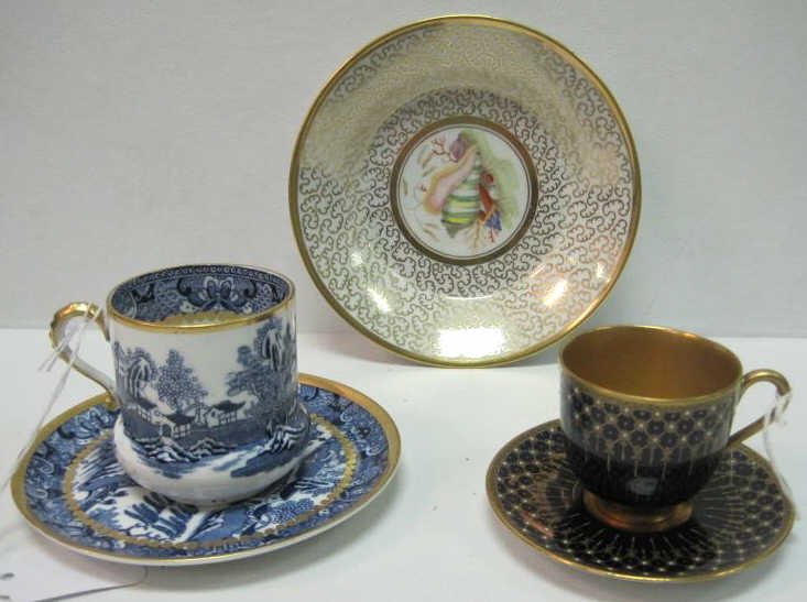 COLLECTION OF ENGLISH PORCELAIN: Worcester saucer with painted shells within gilt scoring ground, Davenport cup and saucer, blue and white Willow pattern, circa 1880, and Royal Worcester demitasse cup and saucer, cobalt blue and gilt