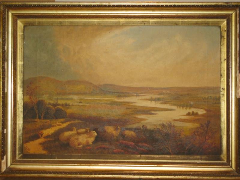 BRITISH SCHOOL, 19TH CENTURY: Landscape with sheep on a hill overlooking the river, oil on canvas, signed "MEBB" lower right, framed. 16 x 24 in.