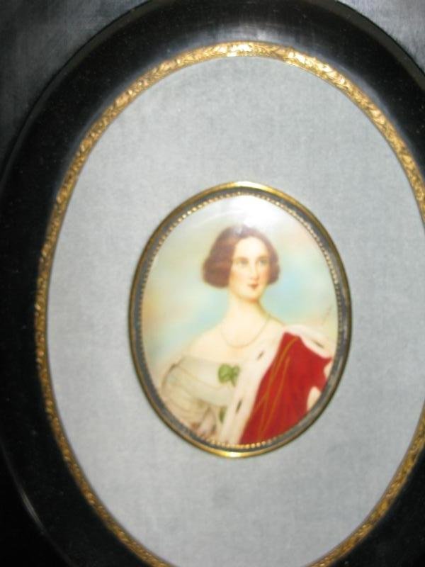 CONTINENTAL SCHOOL 19TH CENTURY: Pair of miniature oval portraits of two noble women, oil on vellum, both signed at center right margin, gilt framed. 3 1/4 x 2 1/2 inches each (sight)