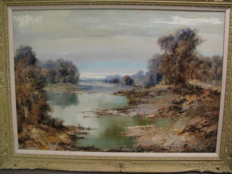 WILLI BAUER, GERMAN (B. 1923): Winter landscape with river, oil on canvas, signed lower right, framed. 27 x 38 in.
