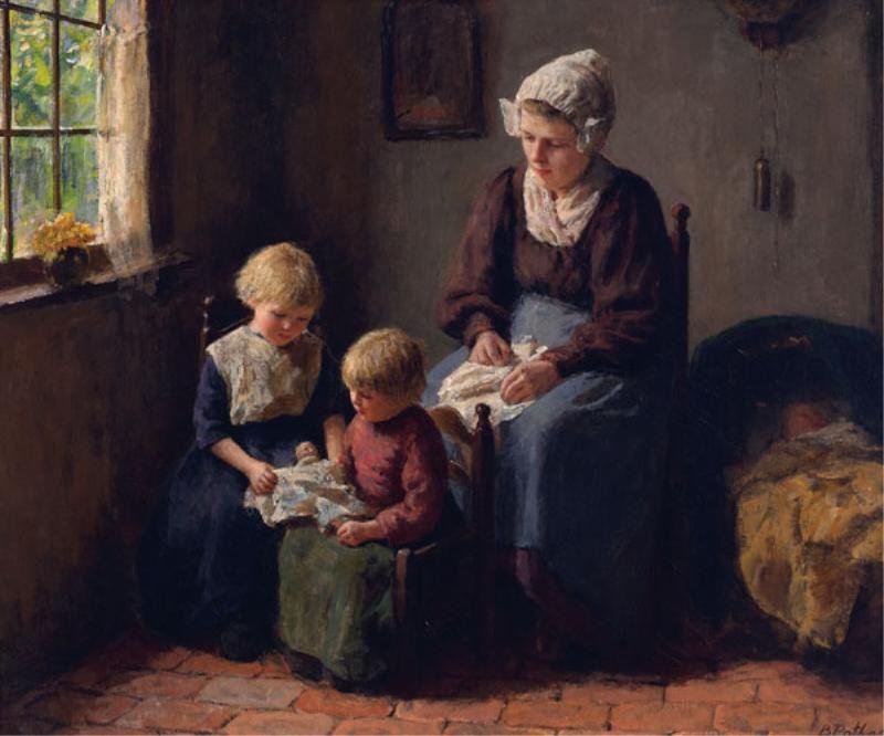 BERNARD POTHAST, DUTCH (1882-1966): A sewing lesson, oil on canvas, signed lower right, gilt framed. 25 1/2 x 30 1/4 in.