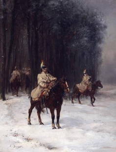 LOUIS EMILE BENASSIT, FRENCH (1833-1902): Prussian Calvary exiting the forest, oil on board, signed lower left, framed. 14 x 10 1/2 in.