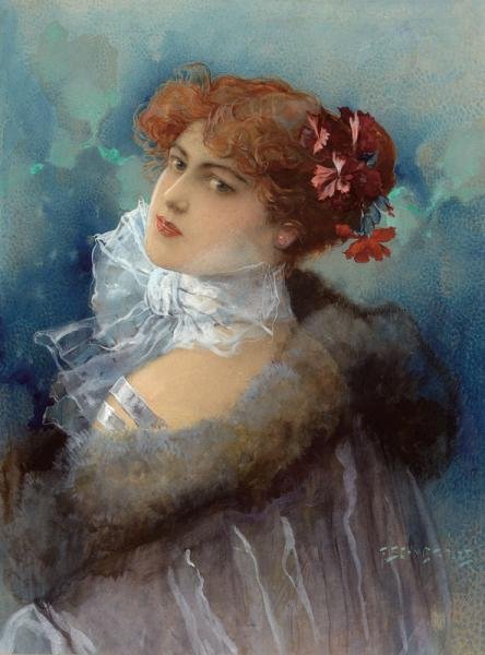 F. SCHMIDT (1873-1941): BEAUTY, watercolor, signed and notated "Paris" lower right, gilt-framed. 16 x 12 in.