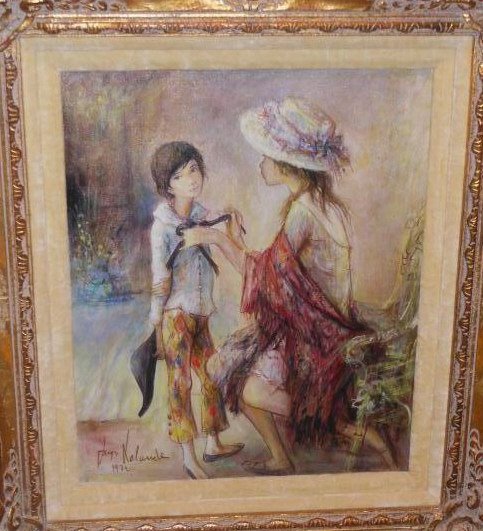 JACQUES LALANDE, FRENCH (B. 1921): Interior showing a woman with a hat and shawl and young girl, oil on canvas, signed lower left, framed. 22 x 18 in.
