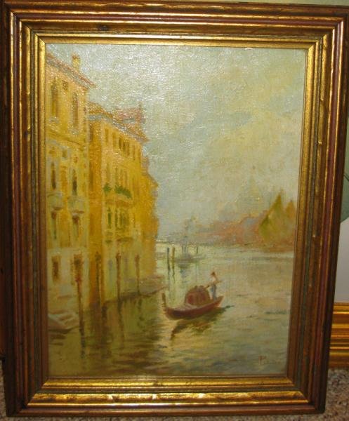 CONTINENTAL SCHOOL, 19TH CENTURY: Venice canal scene with gondola, oil on canvas, signed lower right indistinctly, framed. 11 1/2 x 14 3/4 in.