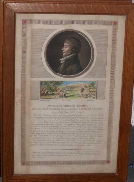 JEAN DUPLESSIS-BERTAUX, FRENCH (1747-1819): Charles Duval d'Epremenil, and Jean Antoine Joseph Debry, two engravings with aquatint and hand coloring, framed. 16 x 10 1/2 in. (sight)