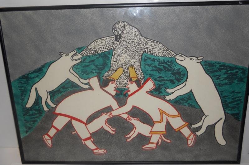 INUIT PRINT, BAKER LAKE: Possibly signed Pootoogook, framed 22 x 32 in.