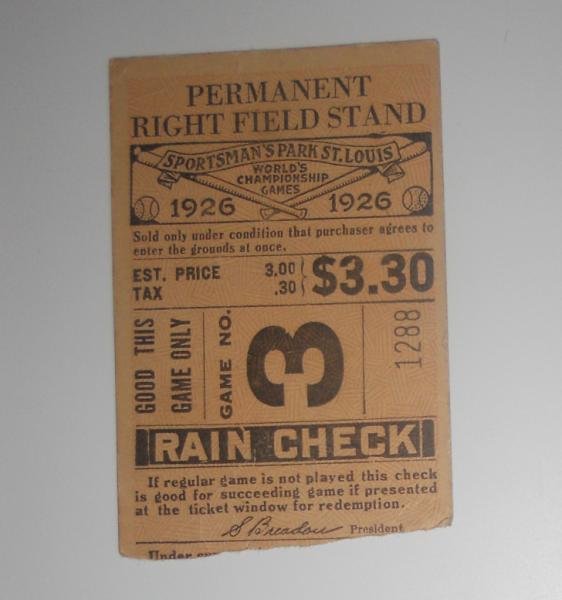 1926 WORLD SERIES TICKET STUB: From the World Champion St. Louis Cardinals Sportsman's Park, "Permanent Right Field Stand" for game 3.
