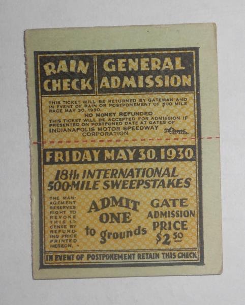 1930 INDIANAPOLIS 500 TICKET STUB: The 18th International 500-Mile Sweepstakes, a General Admission ticket, $2.50.