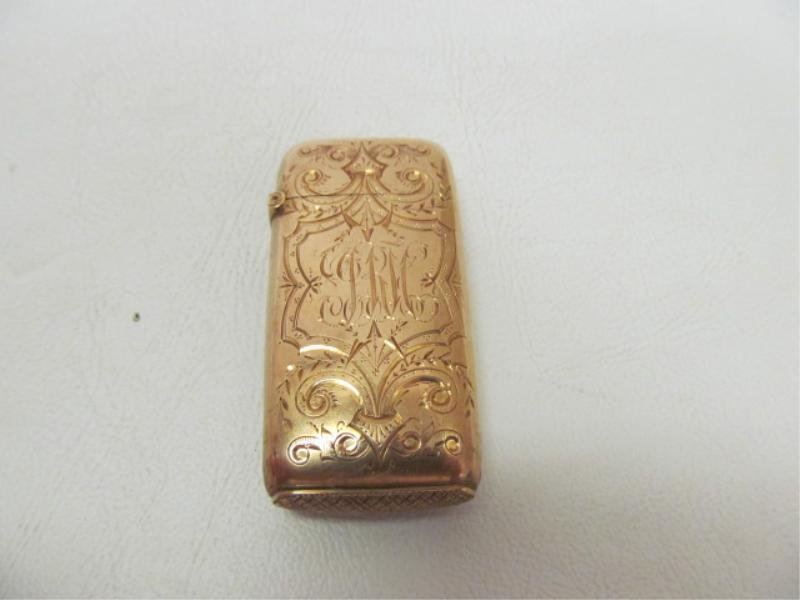 14K GOLD MATCH SAFE: Scroll etch decorated with monogram.