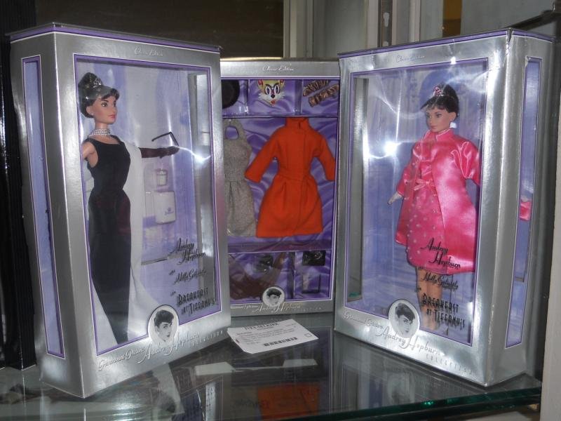 TWO BARBIE DOLLS, AUDREY HEPBURN: as Holly Golightly in Breakfast at Tiffany's, and Audrey Hepburn outfit "The Cat Mask", all original, new condition, boxed.